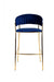 Set of two dark blue and gold steel low back bar height chairs with sleek design and modern style.