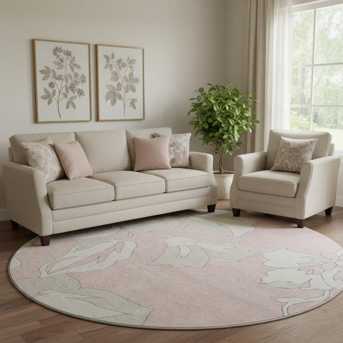8' Floral Washable Round Rug With UV Protection (668008) - Pink / Ivory