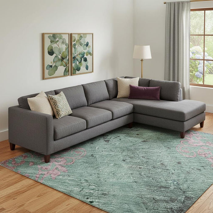 10' X 14' Floral Washable Area Rug With UV Protection (701431) - Pale Aqua / Burgundy