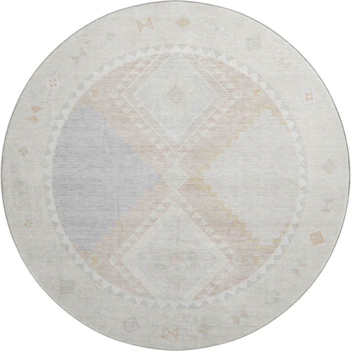 8' Geometric Washable Round Rug With UV Protection - Gray And Ivory