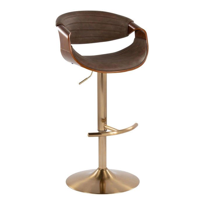 Symphony - Adjustable Barstool With Swivel (Set of 2) - Gold Metal, Walnut Wood, And Espresso Faux Leather With Rounded T Footrest