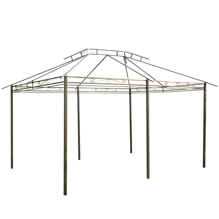 Outsunny outdoor patio gazebo with steel frame, sage gray canopy, curtains, and vented roof for garden or backyard use.