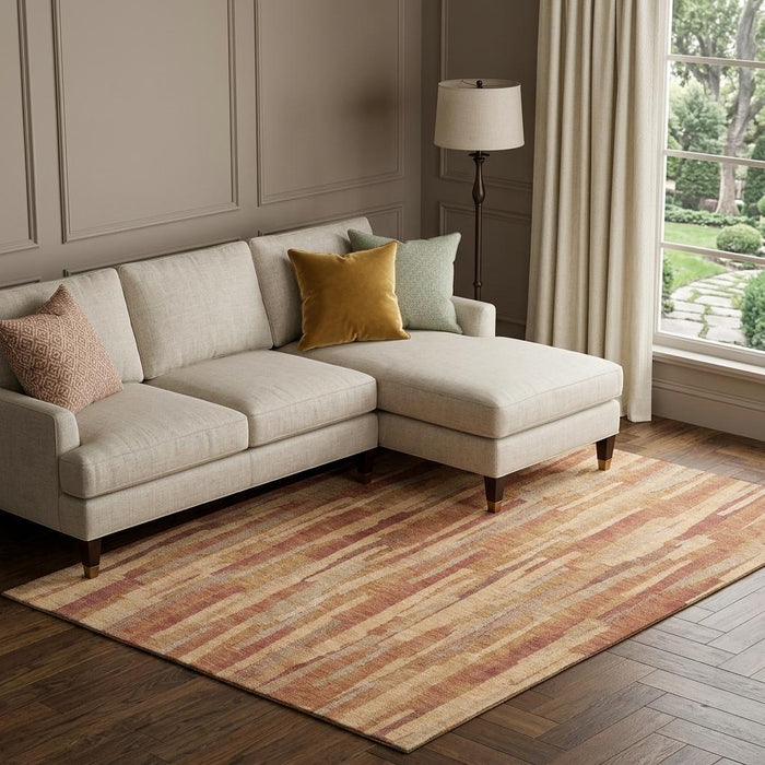 10' X 14' Striped Washable Area Rug With UV Protection (692958) - Salmon / Brick Red / Gold