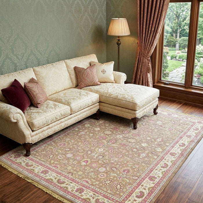 9' X 13' Wool Oriental Hand Tufted Area Rug With Fringe (744395) - Pink / Tan / Ivory