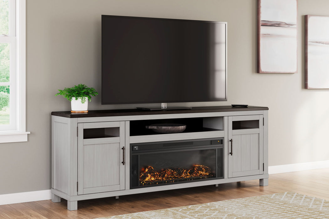 Gray and brown Darborn fireplace TV stand by Signature Design Ashley with electric infrared fireplace insert and storage compartments.