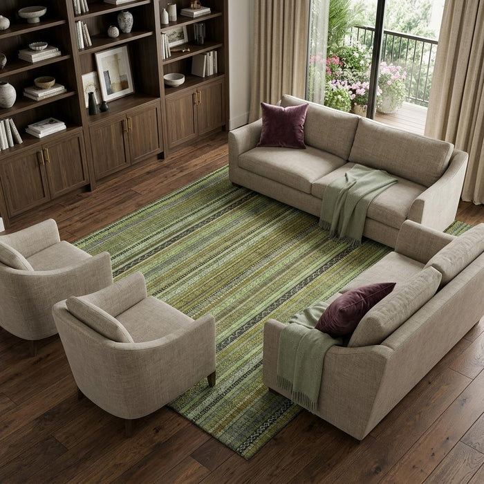 10' X 14' Striped Washable Area Rug With UV Protection (696212) - Green / Gray / Gold