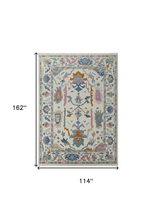 9' x 13' Wool Floral Hand Knotted Area Rug With Fringe - Blue Ivory And Pink