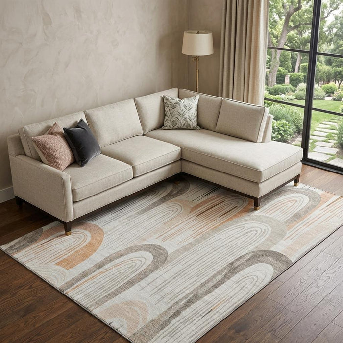 10' X 14' Geometric Washable Area Rug With UV Protection (694610) - Ivory / Peach / Taupe