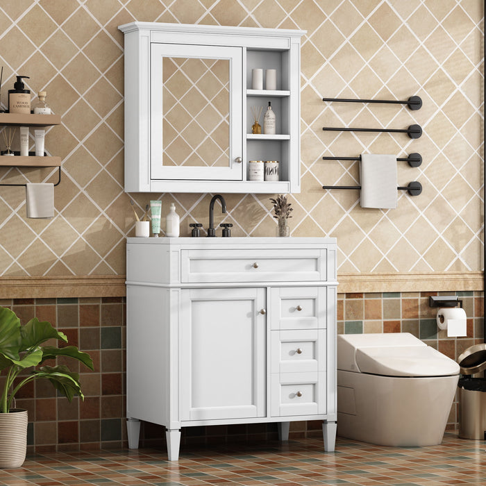 Giga bathroom vanity with top sink, two doors, three drawers, freestanding set, mirror cabinet included.