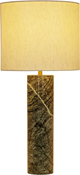 Meridian Furniture Titan textured fabric table lamp with cylindrical shade on a bedside table, modern lighting decor.
