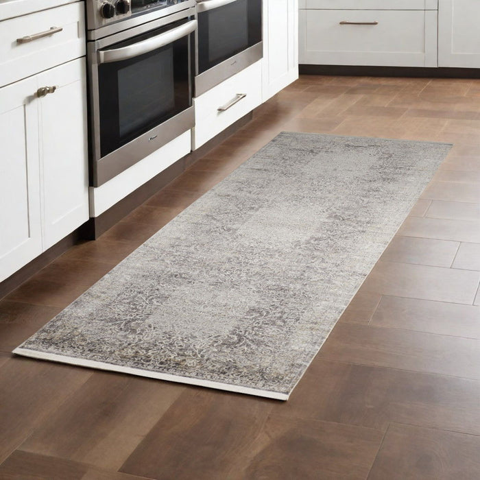 8' Oriental Power Loom Worn Faded Runner Rug - Gray And Ivory