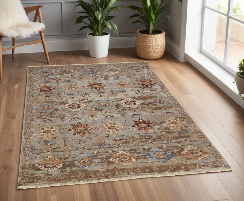 4' x 6' Wool Floral Hand Knotted Area Rug With Fringe - Tan Brown And Gray
