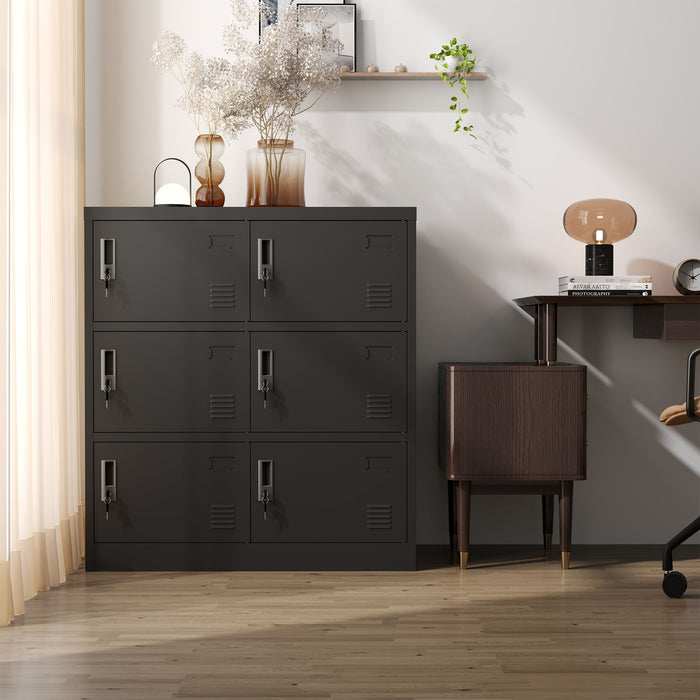 Black Giga 6-door employee storage locker with card slot, suitable for office, gym, school, or home use.