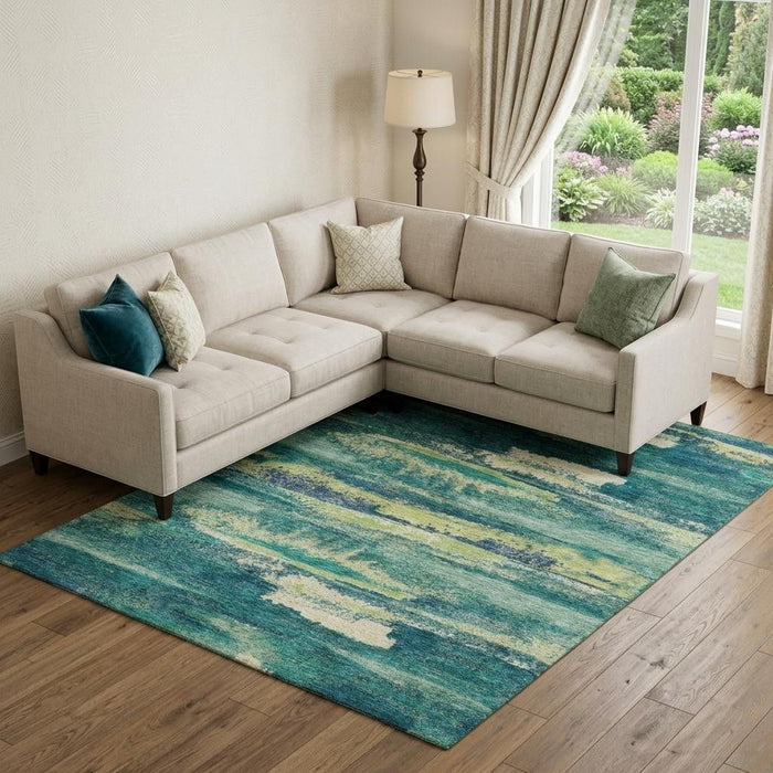 10' X 14' Abstract Washable Area Rug With UV Protection (675000) - Emerald / Ivory / Teal
