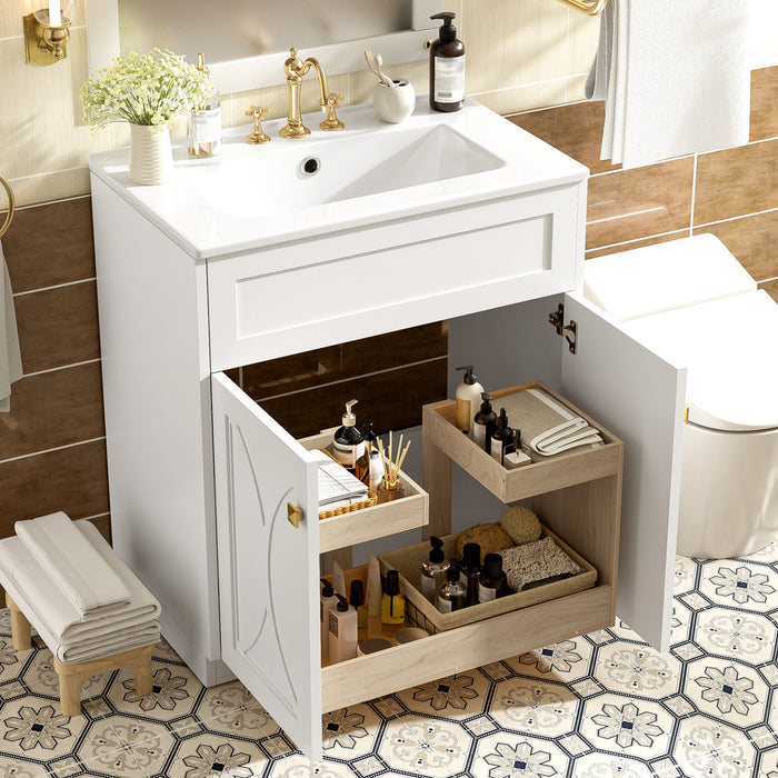Giga bathroom vanity with sink, freestanding storage cabinet, soft-closing doors, and handles, designed for modern bathroom use.