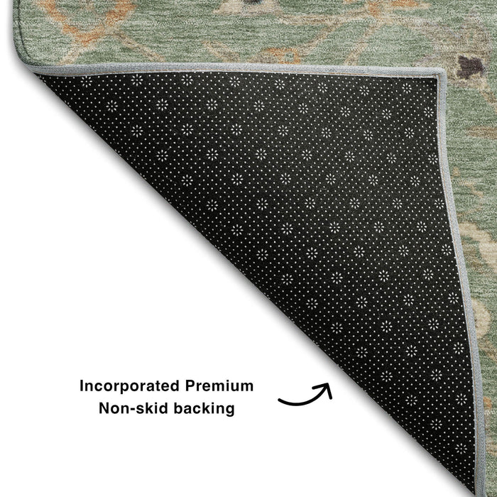 10' X 14' Floral Washable Area Rug With UV Protection (686108) - Artichoke Green / Copper / Beige