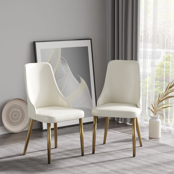 Set of two white modern dining chairs with sponge-filled seats, solid wood and metal legs, ideal for restaurants and living rooms.