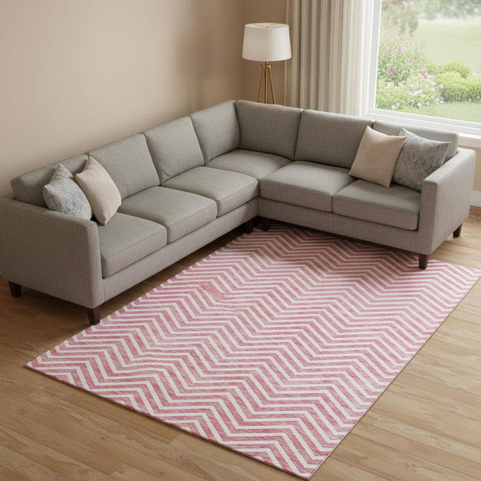 10' X 14' Chevron Washable Area Rug With UV Protection (674269) - Pink / Ivory