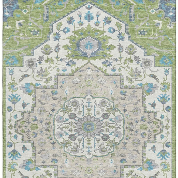 10' X 14' Oriental Washable Area Rug With UV Protection (677741) - Artichoke Green / Ivory / Blue