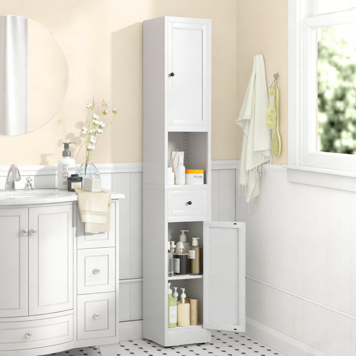 White Giga tall bathroom storage cabinet with 5 tiers, 2 doors, adjustable shelves, and a narrow freestanding design.