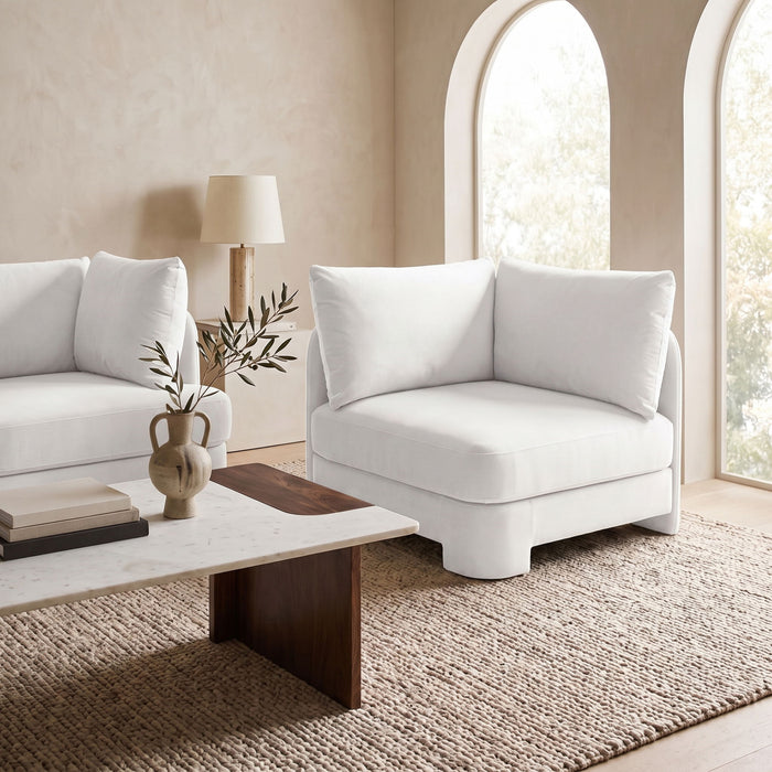 Velvet performance fabric upholstered corner chair by Meridian Furniture, stationary design with plush cushions and modern style.