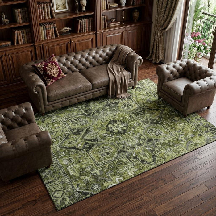 9' X 12' Oriental Washable Area Rug With UV Protection (649719) - Olive Green / Gray / Ivory