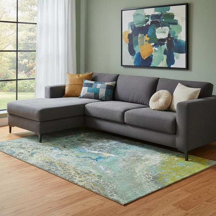 8' X 10' Abstract Washable Area Rug With UV Protection (650438) - Teal / Gold / Gray
