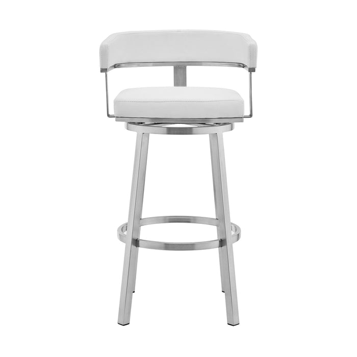Faux Leather And Stainless Steel Low Back Counter Height Swivel Bar Chair - White And Silver