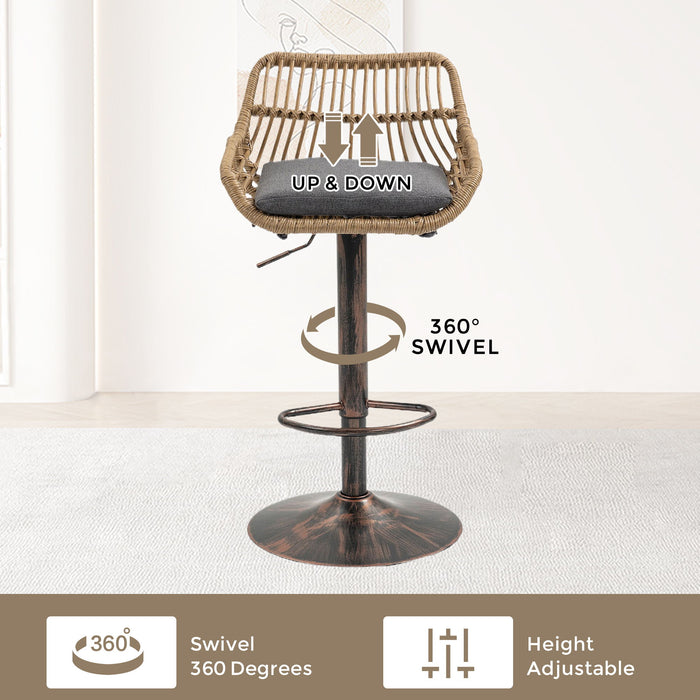Set of two Giga modern swivel bar stools with adjustable height and footrests, featuring sleek designs and comfortable seating.