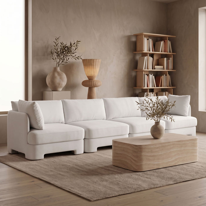 Meridian Furniture Hammond velvet performance fabric upholstered 4-piece stationary sectional sofa with plush cushions.