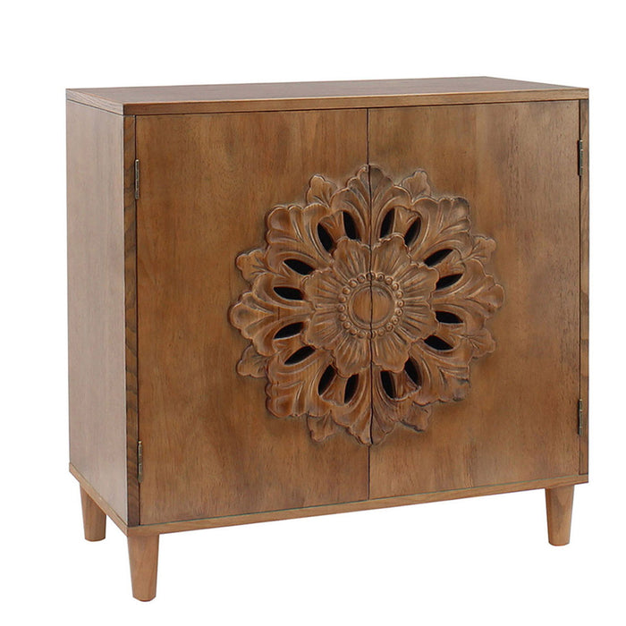 Dark brown Giga accent cabinet with floral design, 2-door storage sideboard for living room decor.