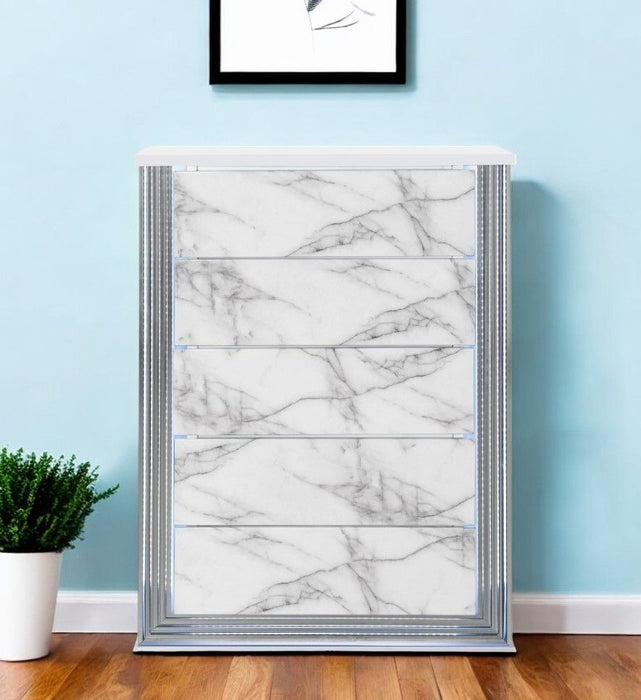 49" Wood Faux Marble Lighted Five Drawer Dresser - Silver And White