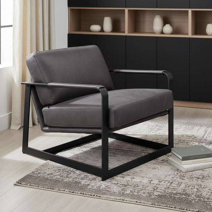 Black Top Grain Leather And Steel Solid Color Arm Chair - Gray