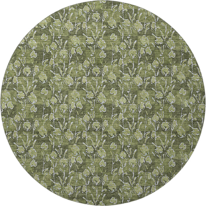 8' Floral Washable Round Rug With UV Protection (656457) - Olive Green / Ivory