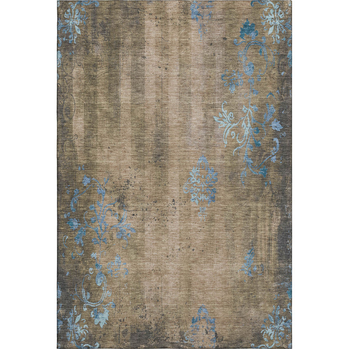 10' X 14' Floral Washable Area Rug With UV Protection (701437) - Taupe / Blue