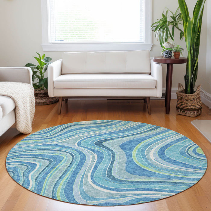8' Marble Washable Round Rug With UV Protection - Blue