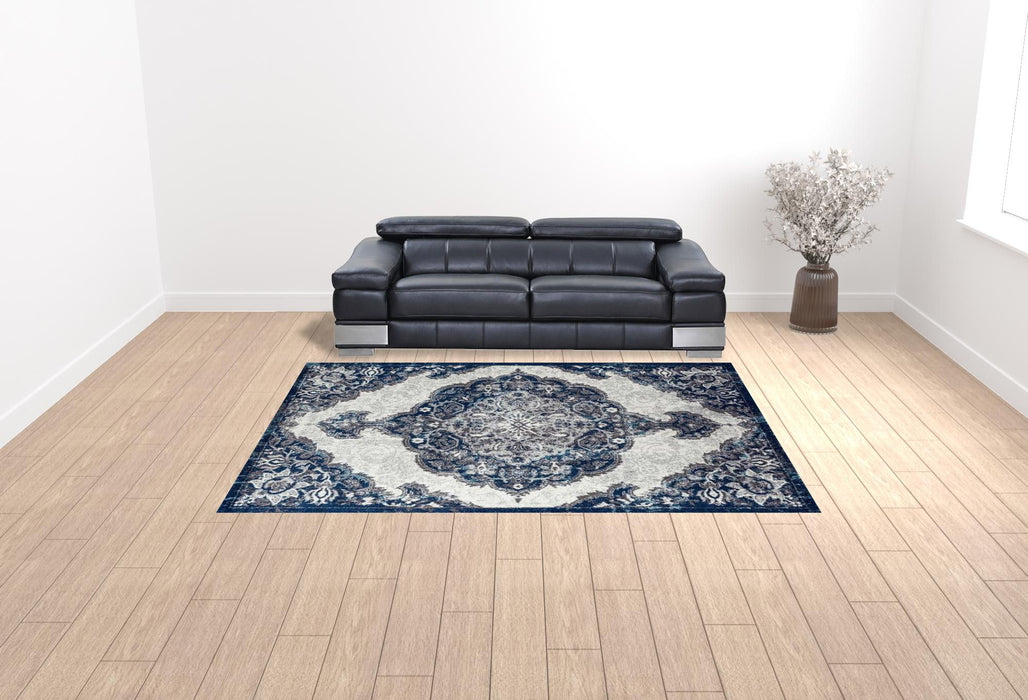 8.8' x 11.8' Medallion Power Loom Area Rug - Navy And Ivory