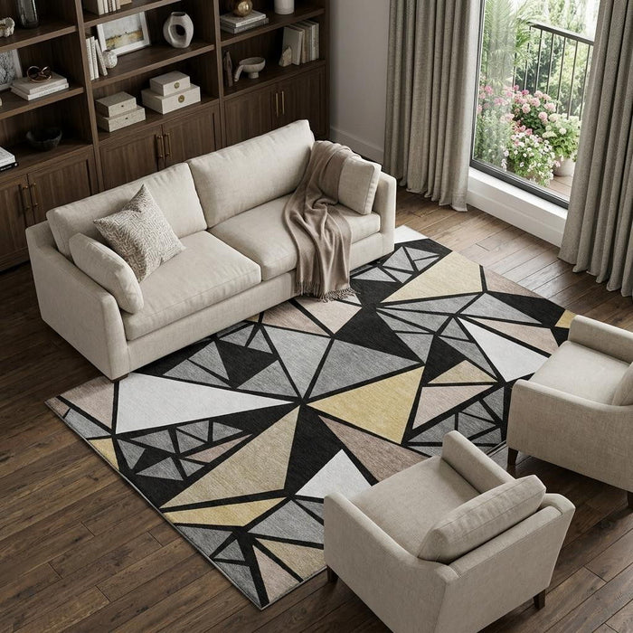 10' X 14' Geometric Washable Area Rug With UV Protection (681503) - Black / Beige / Ivory
