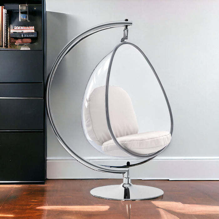 28" Acrylic And Faux Leather Balloon Chair - White And Silver