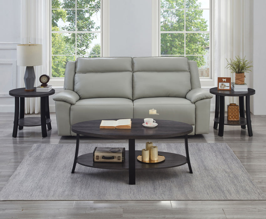 Giga Anze three-piece contemporary oval wood coffee table set with charcoal finish, featuring sleek design and open shelf storage.