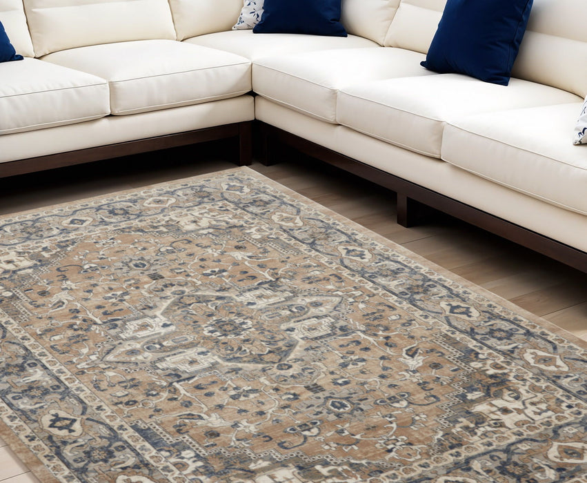 12' X 15' Medallion Power Loom Distressed Area Rug - Beige And Gray