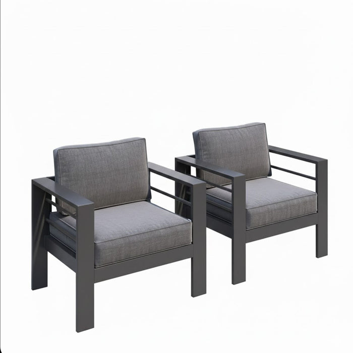 Set of two Giga gray patio armchairs with thick cushions, all-weather outdoor furniture for comfortable seating.
