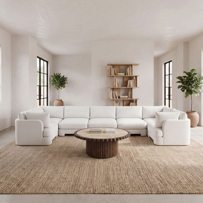 Meridian Furniture velvet performance fabric U-shaped sectional sofa with seven pieces, stationary design, in a modern living room setting.