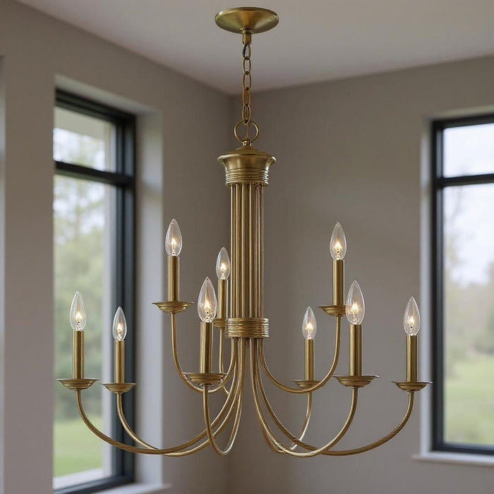 Nine Light Dimmable Chandelier With Shades - Antiqued Brass