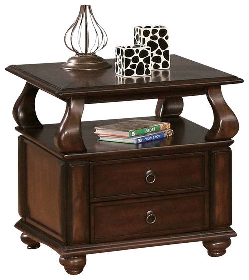 Solid Wood Square End Table With Two Drawers And Shelf - Brown