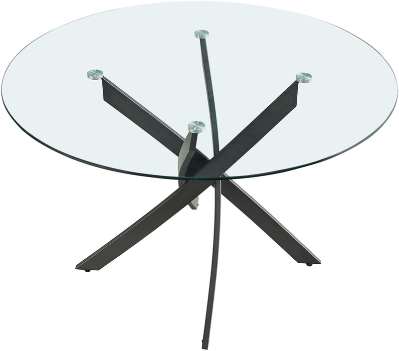 Modern Xander dining table by Meridian Furniture with a sleek wooden surface and sturdy metal legs.