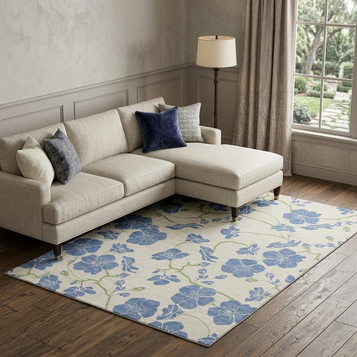 10' X 14' Floral Washable Area Rug With UV Protection (681167) - Linen / Blue / Green