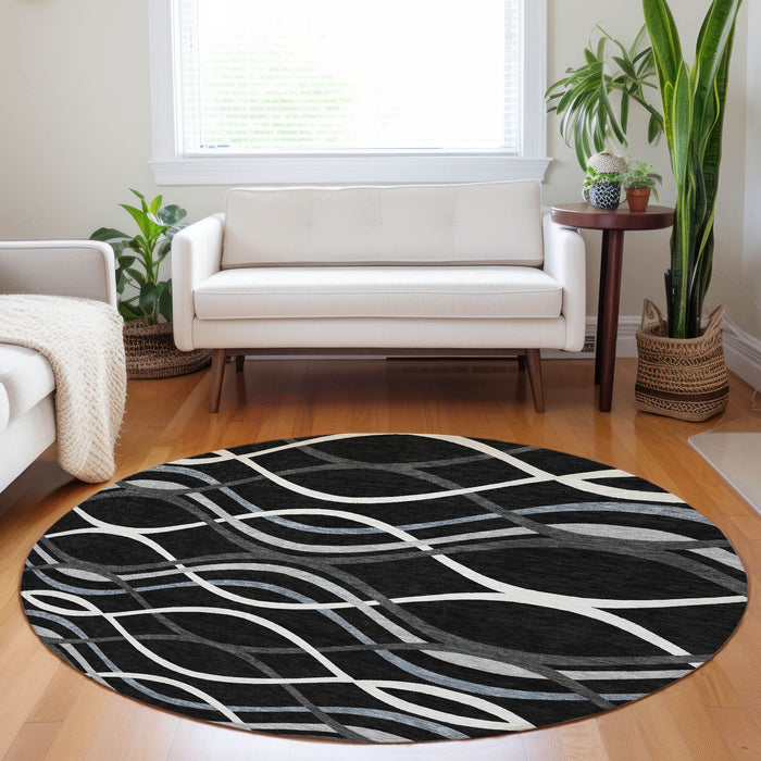 8' Transitional Abstract Washable Polyester Round Rug With UV Protection - Black / Gray