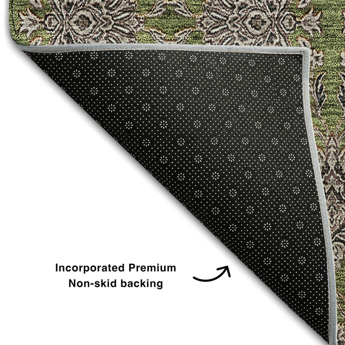 9' X 12' Floral Washable Area Rug With UV Protection (656848) - Olive Green / Beige