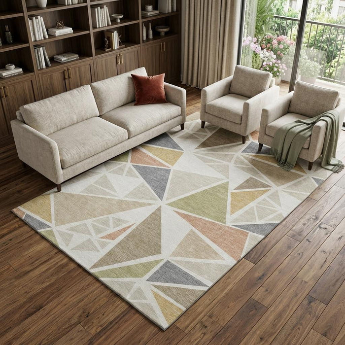 10' X 14' Geometric Washable Area Rug With UV Protection (681527) - Ivory / Gold / Green